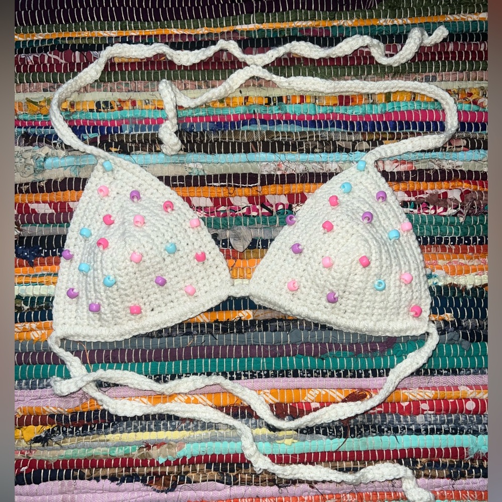 Handmade Crochet Bikini Top with Colorful Beads B Cup Size Small Medium